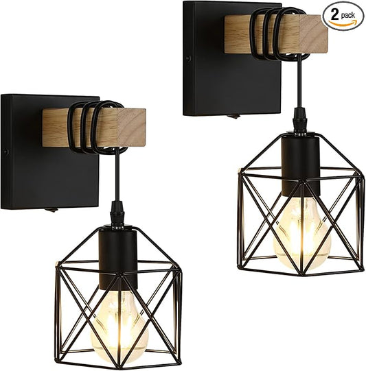 Black Wall Sconce with ON/Off Switch Pack of 2, Dimmable Cage Wall Mount Light Fixture Industrial Farmhouse Lighting, LG9939389