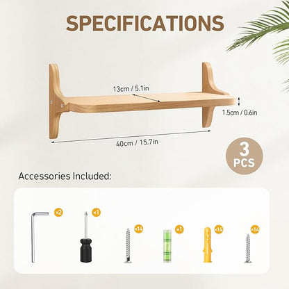 Wooden Floating Shelves for Wall, 15.7" W x 5" D x 0.6" H Large Wall Shelves, Hanging Storage Shelf with Sturdy Brackets for Living Room, Kitchen, Bathroom, Bedroom Decor, Natural, 3 Packs