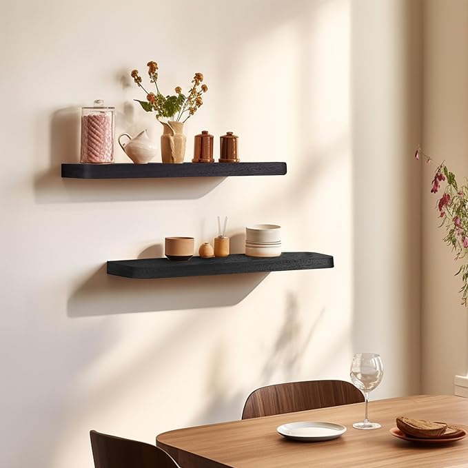 Floating Shelves 16 in, Set of 3 Solid Rustic Wood Wall Mounted Shelves, Wall Picture Ledge Shelf with Invisible Metal Brackets for Living Room, Bedroom, Bathroom, Black