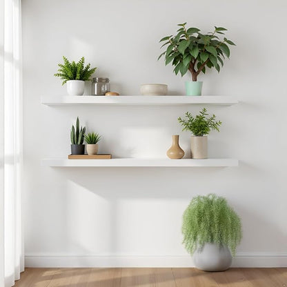 LA GRANGE RANGE® 23.6" Floating Shelves For Wall, 2x Pack Wall Shelves for Storage & Décor, Perfect for Bathroom, Bedroom, Kitchen, Living Room, Natural Wood Finish with Hidden Bracket (Glacial White)