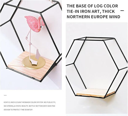 Wall Mounted Hexagonal Floating Shelves Black Set of 3 in Different Sizes, Modern Metal Wall Shelf, Simple Wood Partition Storage Shelves, Wall Decor Rack for Bedroom, Living Room, Kitchen and Office