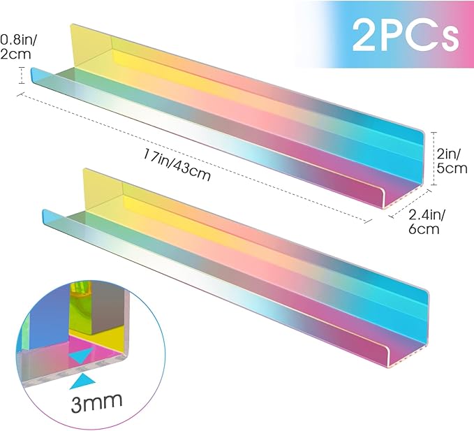 NiHome Magnetic Iridescent Acrylic Book Shelves 2-Pack, 17'' for Whiteboard, Classroom and Fridge Storage, Sleek Design for Large Picture Books and File Holders, Holds up to 8.5 lbs