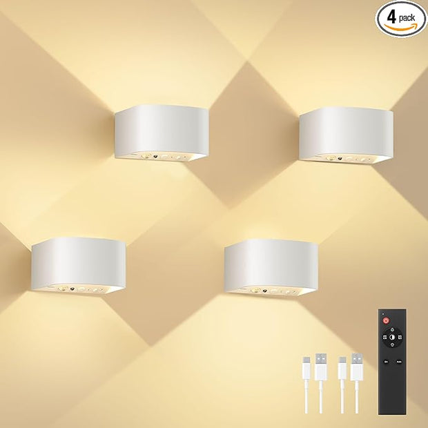 FULEN 4 Pack Motion Sensor Wall Lamp with Remote Control 3 Colors Wireless Wall Light LED Indoor Up and Down Wall Sconce 5000mAh Rechargeable Battery Powered Wall Lamps Brightness Adjustable,White