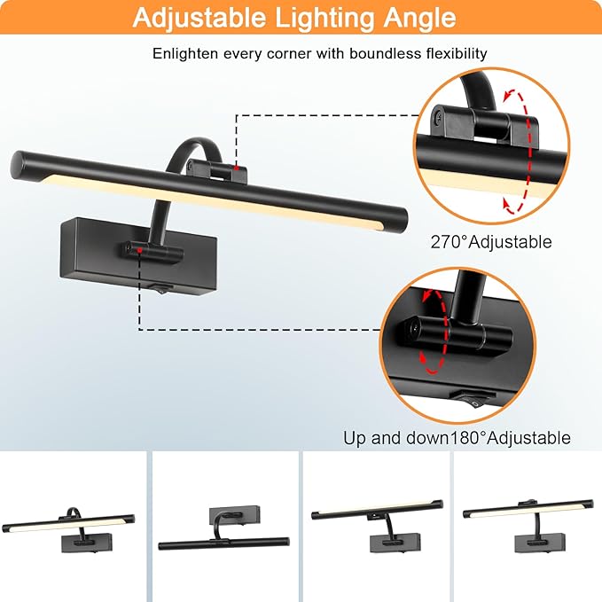 Wireless Battery Operated Picture Light,Rechargeable Wall Light with Remote and Timer,15.75 Inch Black Dimmable Painting Light,3CCT with Adjustable Swing Arm for Display Gallery Lighting