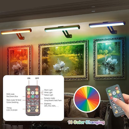 Picture Light Battery Operated, Picture Lights for Wall, Wireless Picture Light with Remote for Paintings, 48 LED, 16 Color Changing, Dartboard Light with 2 Base for Art, Gold-2Pack