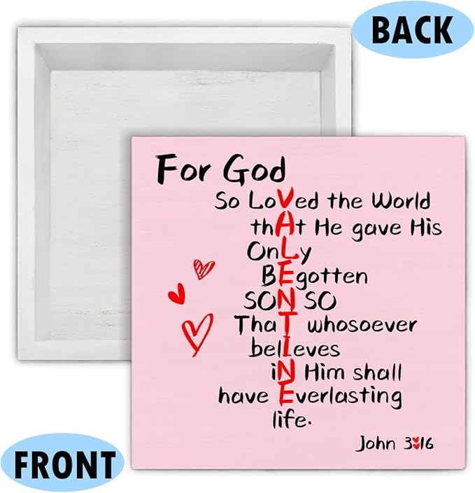 Valentines Day Decor - Valentines Decor - Christian Desk Sign - John 3:16 Scriptures Wood Sign Home Bedroom Desk Shelf Table Decorations 5×5 Inches