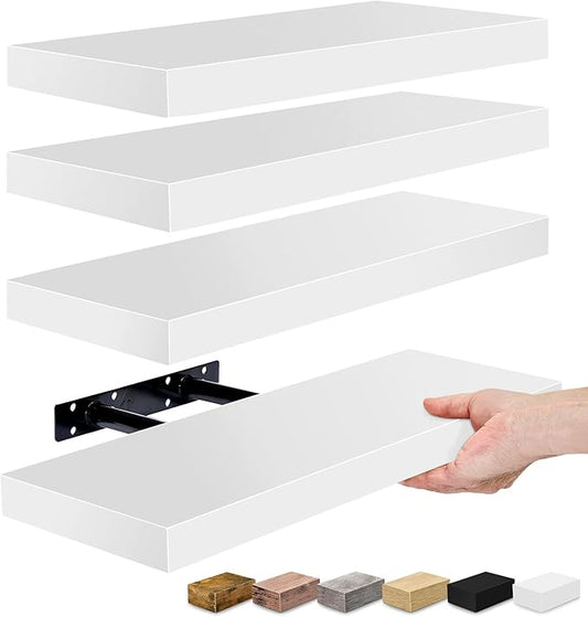 Sorbus Floating Shelves for Wall – 16 Inch Floating Shelf for Kitchen, Bedroom, Living Room, Bathroom, Home & Wall Decor - Mounted Bathroom Shelves with Invisible Brackets (White, 4 Pack)