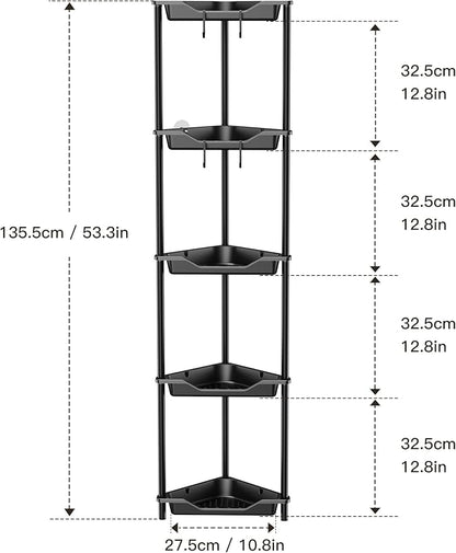 Orimade Rustproof 5 Tier Floor Standing Corner Shower Caddy Organizer, Plastic Metal Splicing Floor Corner Shelf Rack Stands for Bathroom, Black