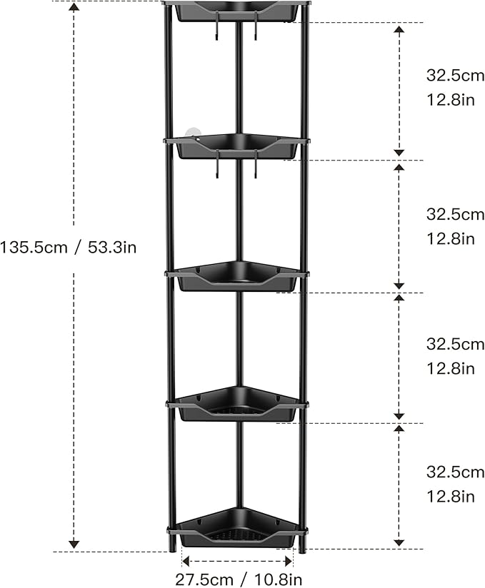 Orimade Rustproof 5 Tier Floor Standing Corner Shower Caddy Organizer, Plastic Metal Splicing Floor Corner Shelf Rack Stands for Bathroom, Black