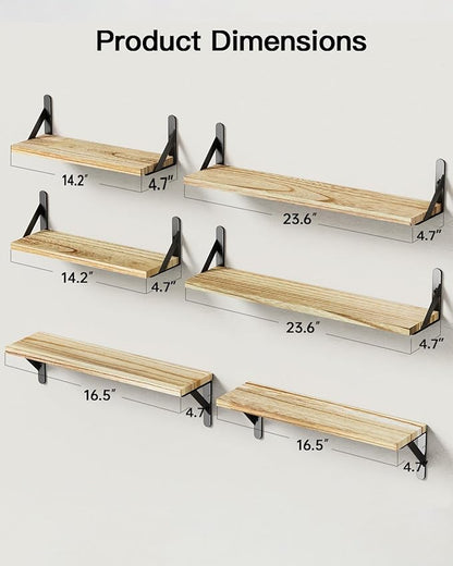 AMADA HOMEFURNISHING Long Wall Shelves, Rustic Farmhouse Style, Wood Floating Shelves for Wall Decor, Bathroom & Bedroom Storage, Living Room Book Shelves, 6pcs
