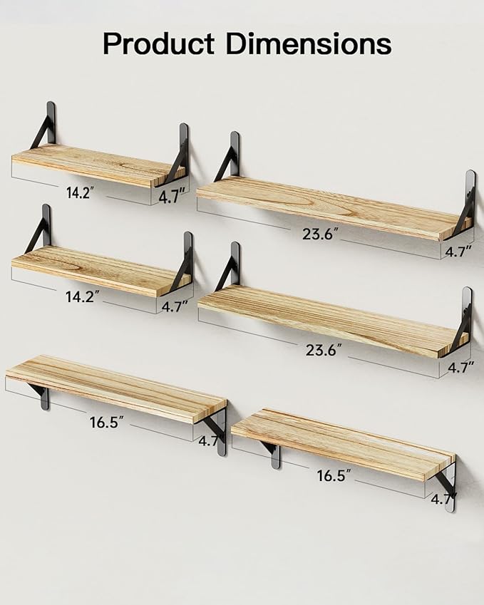 AMADA HOMEFURNISHING Long Wall Shelves, Rustic Farmhouse Style, Wood Floating Shelves for Wall Decor, Bathroom & Bedroom Storage, Living Room Book Shelves, 6pcs