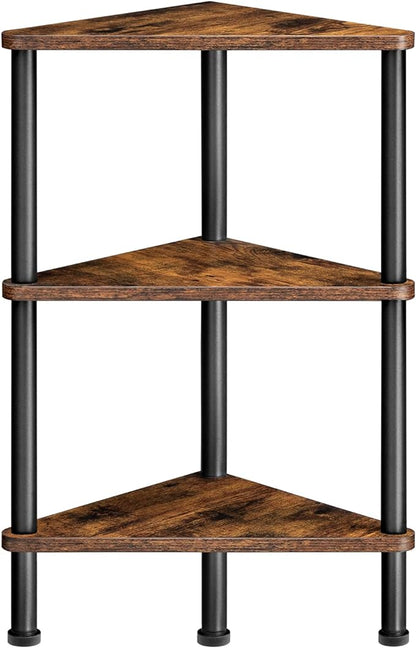 HOOBRO Corner Shelf Stand, Industrial 3-Tier Corner Bookshelf with Metal Frame, Plant Display Shelf, Small Bookcase for Small Spaces, Living Room, Rustic Brown and Black BF30CJ01