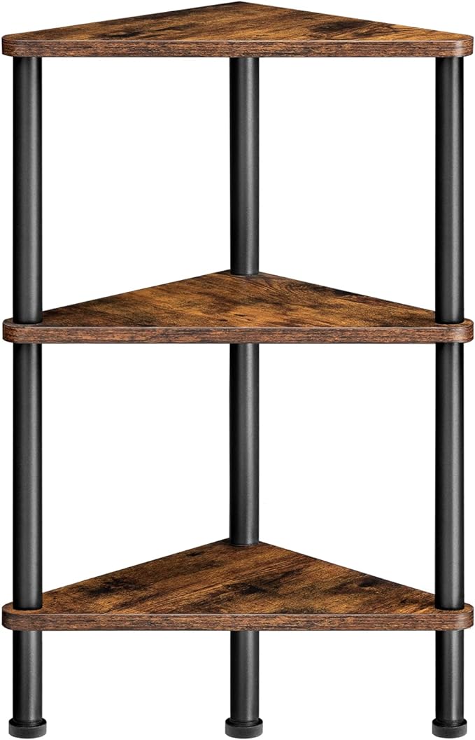 HOOBRO Corner Shelf Stand, Industrial 3-Tier Corner Bookshelf with Metal Frame, Plant Display Shelf, Small Bookcase for Small Spaces, Living Room, Rustic Brown and Black BF30CJ01