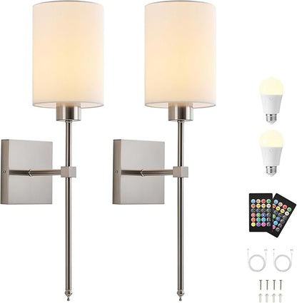 Battery Operated Wall Sconce Set of Two, Wireless Rechargeable Wall Light with Remote Control, Dimmable, 4 Color Temperatures, RGB, Timer, for Living Room,Bedroom,Entryway, Nickel, 20.6 Inch
