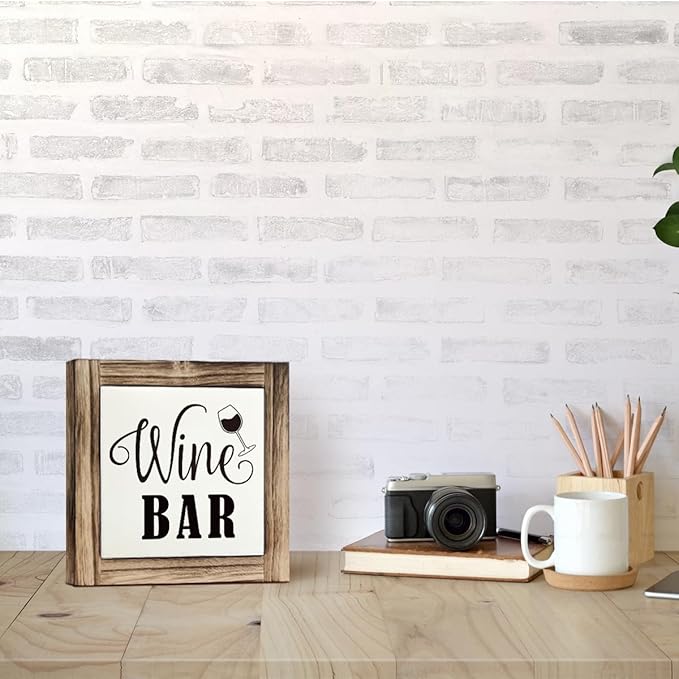 Wine Bar Sign, Box Sign Wood Desk Sign Decor, Decorative Wooden Table Decoration, Farmhouse Home Decor for Shelf, Country Style Home Bar Decoration, Club Decorate