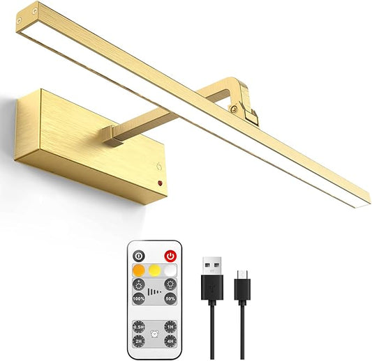 Battery Picture Light for Wall with Timer,3 Color Temps Painting Light, Rechargeable 5200 mAh and AA Battery,Metal Rotatable Head Art Display Accent Lights for Gallery Portrait Hallway Frame-Gold 16''