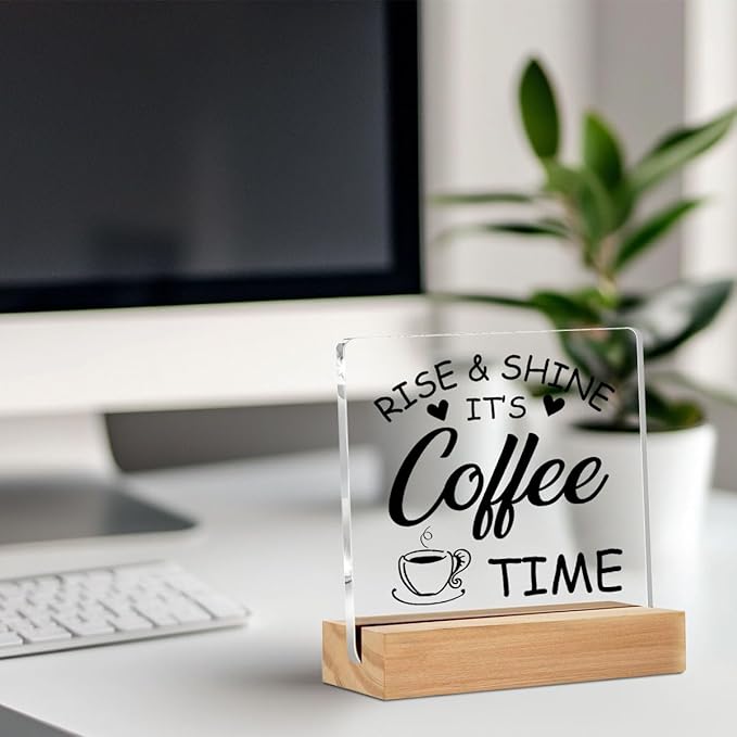 Coffee Desk Decor Sign, Coffee Time Acrylic Sign With Wooden Stand For Farmhouse Home Kitchen Table, Coffee Sign for Farmhouse Home Kitchen Bar Shelf Table, Gifts for Family Friend Coworker