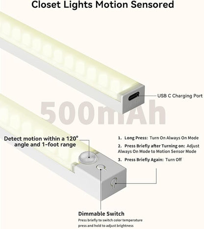 Under Cabinet Lighting 12 Inch 3-Pack, Rechargeable Motion Sensor Light Indoor, Dimmable 3 Color Temps Closet Lights Battery Operated, Stick Wireless Under Counter Lights for Kitchen, Stairs