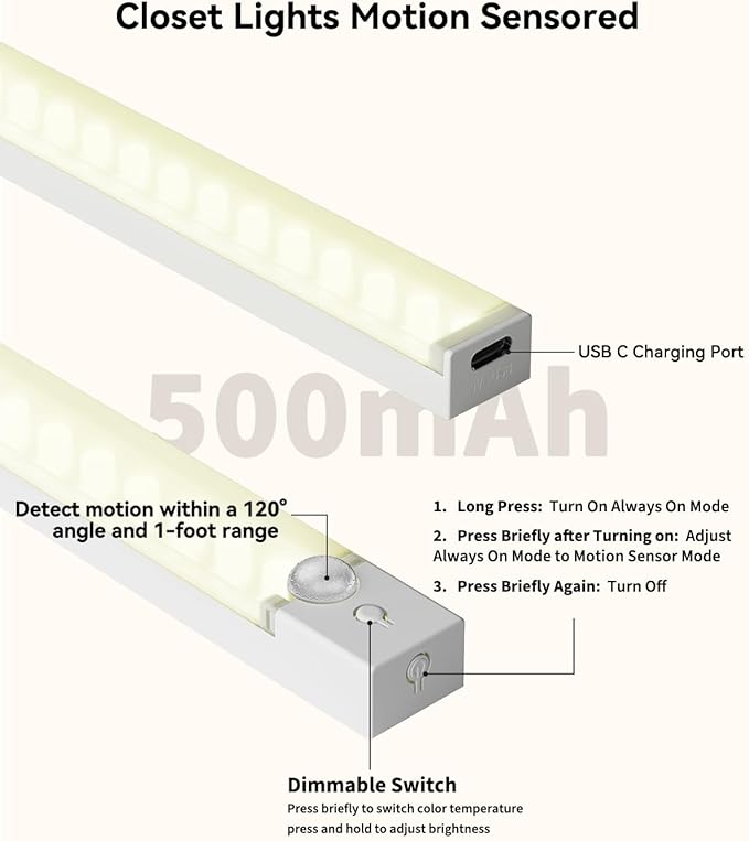 12-Pack Under Cabinet Lighting with 2 Charging Station 8-Inch USB Rechargeable Motion Sensor Light Indoor 3 Color Dimmable Closet Light, Stick on LED Magnetic Under Counter Lights for Kitchen