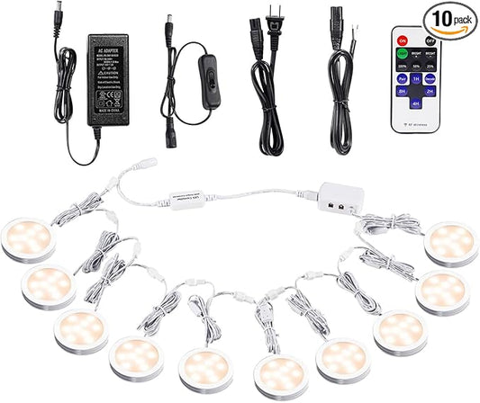 AIBOO Linkable Under Cabinet LED Lighting 12V Dimmable Puck Lights with Wireless RF Remote Control, Hardwired & Wall Plug in for Furniture Cupboard Lighting(10 Lights, Warm White)