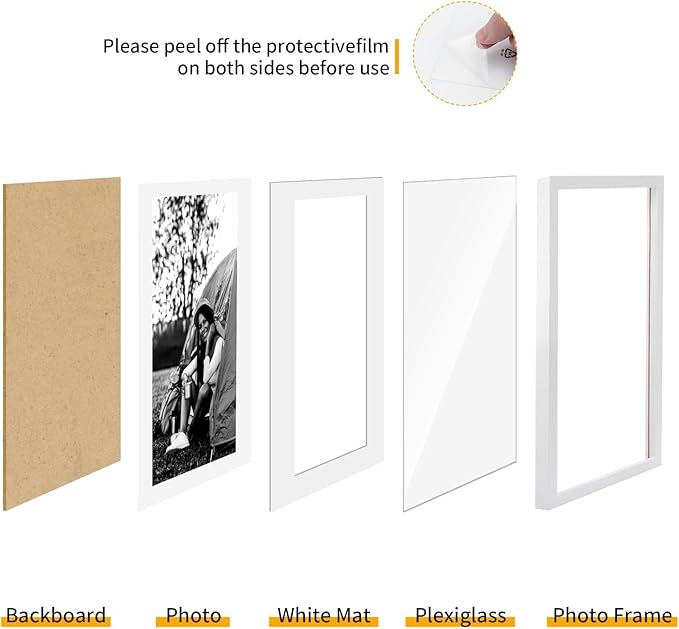 puthiac 9x12 Solid Oak Wood Picture Frame, Fits 6x8 with Mat or 9x12 Without Mat, Wall or Tabletop Display with Stand, Vertical or Horizontal, Plexi Front, 3 Pack, White
