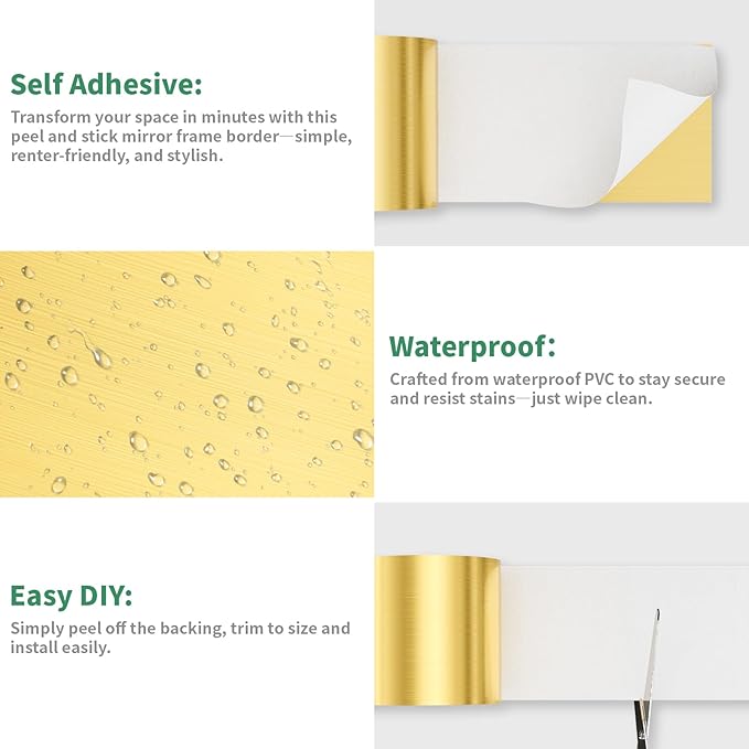 Peel and Stick Wallpaper Borders 390” x 4” Self Adhesive Mirror Frame Border Brushed DIY for Kitchen Bathroom Mirror Removal Border Sticker Wall Decor Cover 10.8 Sq.Ft, Brushed Golden