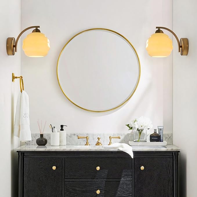 Mid Century Modern Wall Sconces Set of Two Brushed Brass Wall Sconce Gold Glass Wall Lights Globe Wall Mount Light Fixture Vintage Hallway Bathroom Sconces Wall Lighting Set of 2