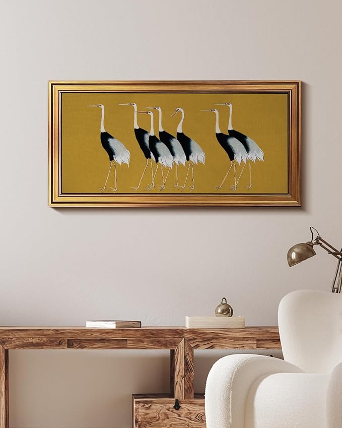 HUARCEY Gold Framed Vintage Wall Art for Living Room, Animals Painting Prints Shelf Decor for Kitchen, Aesthetic Bedroom Wall Art Decor, Christmas Gifts for Friends or Family (Seven Cranes 20