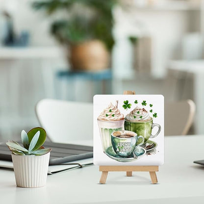St Patricks Day Kitchen Decor - St Patricks Day Coffee Bar Decor - Irish Coffee Wood Sign with Easel Home Kitchen Desk Tabletop Shelf Tiered Tray Decorations