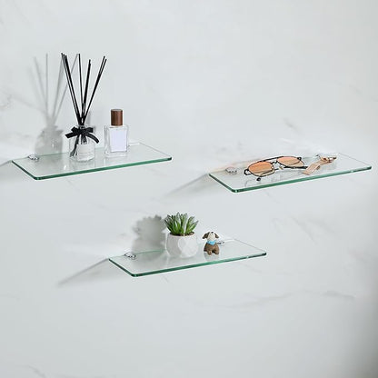 SAYAYO Glass Floating Shelves for Wall, Tempered Glass Shelves for Bathroom, Living Room, Bedroom, Office, Toilet, Kitchen Decor, 12Inch Set of 3, Clear