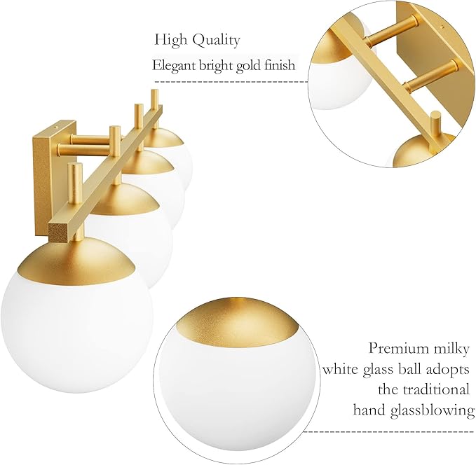 Ralbay Mid Century Gold Bathroom Vanity Lights 4-Light Gold Milky Glass Modern Bathroom Lighting Fixtures Over Mirror, Gold 4-Light (Exclude Bulb)