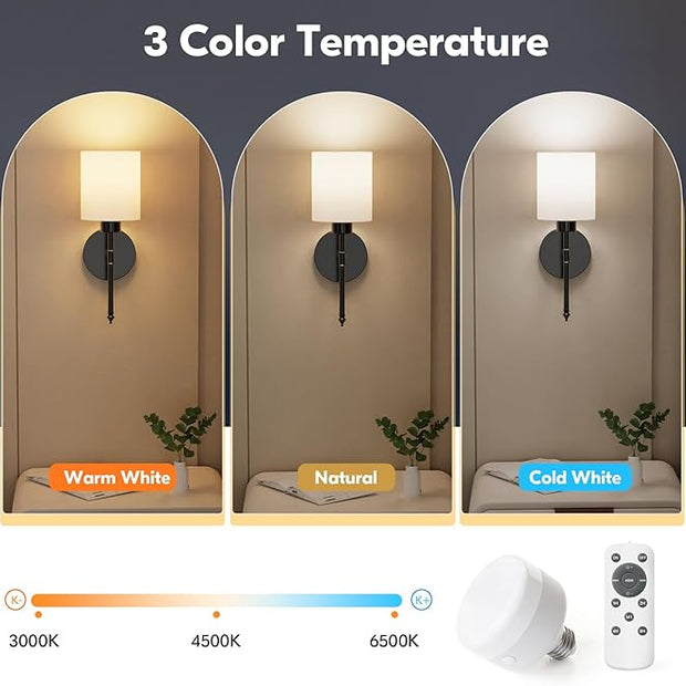 NIORSUN 15 inch Battery Operated Wall Sconce Set of 2, Black Wireless Rechargeable Wall Lights with 5200mAh Dimmable Detachable Bulbs and Remote, 9 Colors Sconces Wall Decor for Bedroom Living Room