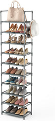 10 Tiers Tall Shoe Rack 20-25 Pairs Boots Organizer Storage Sturdy Narrow Shoe Shelf for Entryway, Closets with Hooks, Grey
