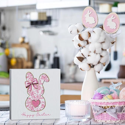 Pink Happy Easter Sign Easter Table Decor Bow Bunny Decor Blue And White Chinoiserie Decor Wooden Box Sign for Home Office Bedroom Living Room Desk Shelves