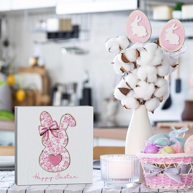 Pink Happy Easter Sign Easter Table Decor Bow Bunny Decor Blue And White Chinoiserie Decor Wooden Box Sign for Home Office Bedroom Living Room Desk Shelves