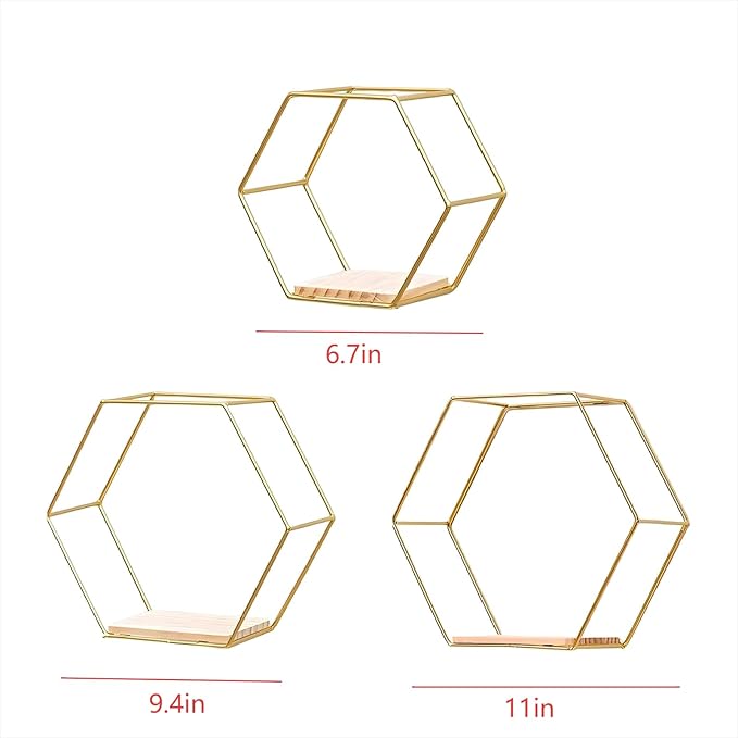 Gold Floating Wall Shelves Set of 3,Metal Hexagon Shelving Geometric Wall Mounted Design for Living Room, Bedroom, Kitchen & Office Decor, Easy Install Modern Display Shelves with Golden Finish