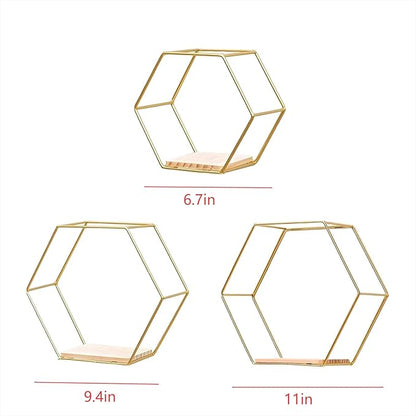 Gold Floating Wall Shelves Set of 3,Metal Hexagon Shelving Geometric Wall Mounted Design for Living Room, Bedroom, Kitchen & Office Decor, Easy Install Modern Display Shelves with Golden Finish