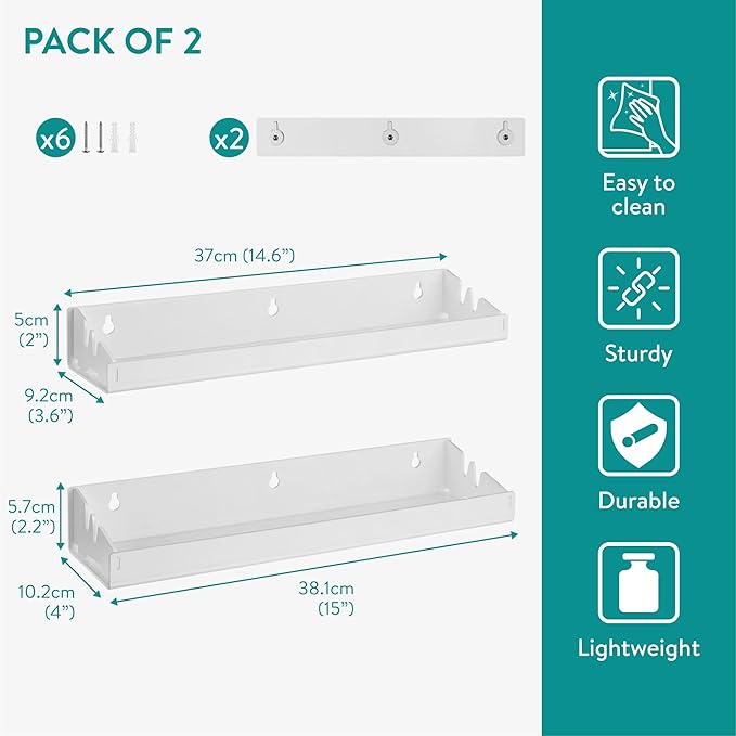 Navaris Opaque White Acrylic Shower Shelves (Set of 2) - Stick On or Screw Mount Adhesive Shelves for Bathroom - No Drilling or Nails Thin Plastic Wall Shelf