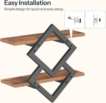 HOOBRO 15" Floating Shelves for Wall, Set of 2 Wall shelf, 2-Tier Hanging Shelves, Wall Mounted Storage Shelf, Display Rack, for Living Room Bedroom Kitchen Bathroom, Rustic Brown and Black BF14BJP201