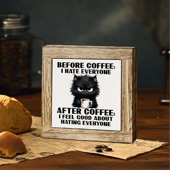 Funny Coffee Wooden Decor, Humorous Coffee Bar Wood Sign, I Feel Good About Hating Everyone, Funny Office Desk Decorative Sign, Farmhouse Cafe Decor Signs 5.9X5.9 Inches