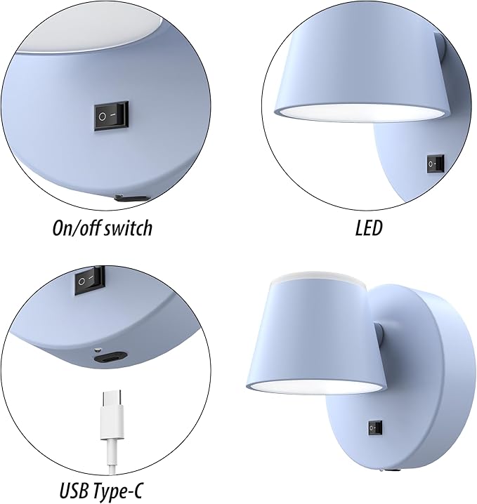 URSOLA Battery Operated Wall Lights Set of Two, LED Rechargeable Battery Wall Sconce with 9000mAh 3CCT and Dimmable Magnetic 360° Rotation Cordless Light for Bedroom（Blue）