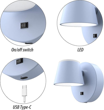 URSOLA Battery Operated Wall Lights Set of Two, LED Rechargeable Battery Wall Sconce with 9000mAh 3CCT and Dimmable Magnetic 360° Rotation Cordless Light for Bedroom（Blue）