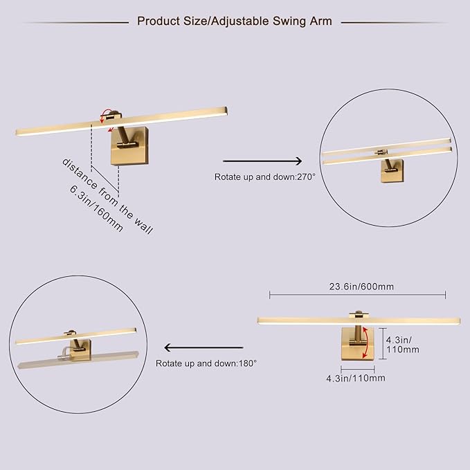 Hard-Wired Picture Lights 23.62 Inch Dimmable LED Wall Art Lighting 14W,2700K, Warm WhiteModern Brass Gallery Light Poster Lights Adjustable Swing Arm Picture Frame Light for Display Art Work