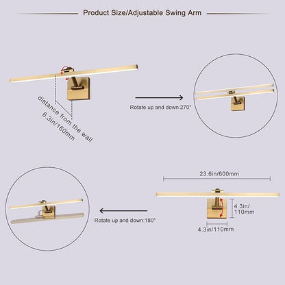 Hard-Wired Picture Lights 23.62 Inch Dimmable LED Wall Art Lighting 14W,2700K, Warm WhiteModern Brass Gallery Light Poster Lights Adjustable Swing Arm Picture Frame Light for Display Art Work