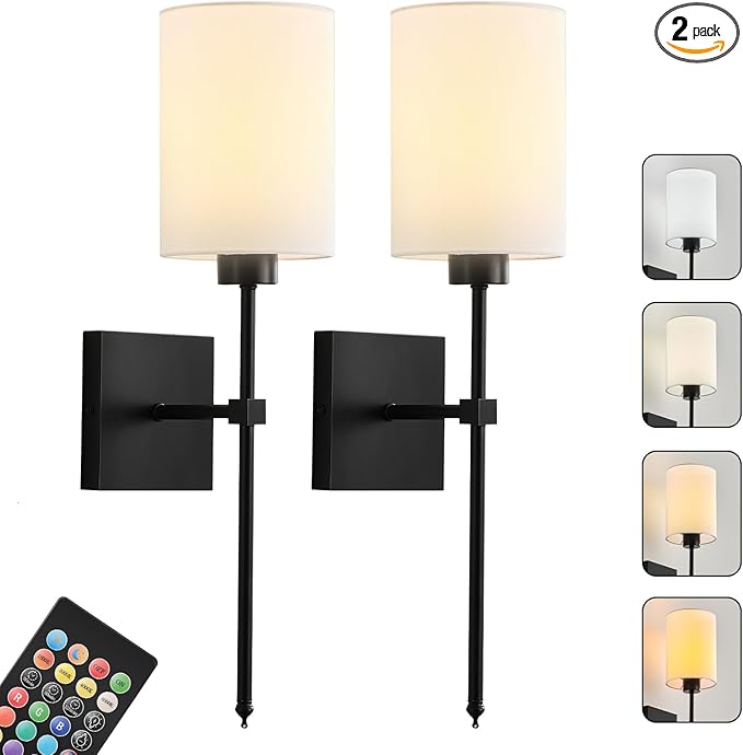 Battery Operated Wall Sconce Set of Two, Wireless Rechargeable Wall Light with Remote Control, Dimmable, 4 Color Temperatures, RGB, Timer, for Living Room,Bedroom,Entryway, Black, 20.6 Inch