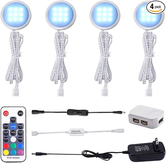 AIBOO RGB Color Changing LED Under Cabinet Lights Kit, Aluminum Slim Multi Color Puck Lights for Kitchen Counter Furniture Holiday Ambiance Christmas Decor Lighting (4 Lights)