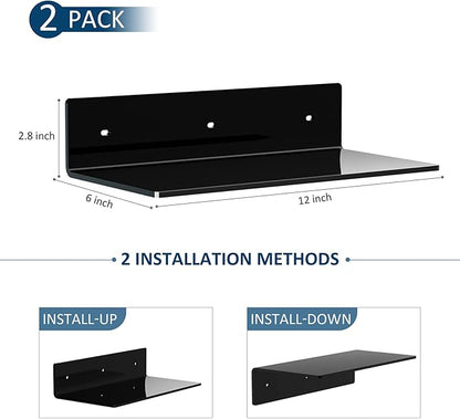 12 Inches Acrylic Wall Shelves 2 Pack, Floating Shelf for Wall Mounting, Acrylic Display Ledges for Funko Pop Figures, Home Décor, Living Room, Gaming Room, Plants(12 inch, Black)