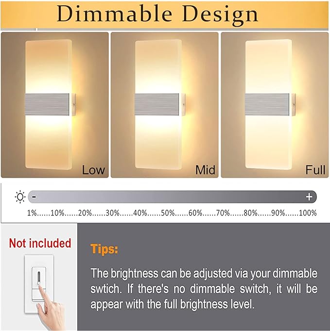 Lightess Dimmable Wall Sconce Set of 2, Modern LED Wall Lamp 12W for Hallway Bedroom Living Room, Warm White, HS