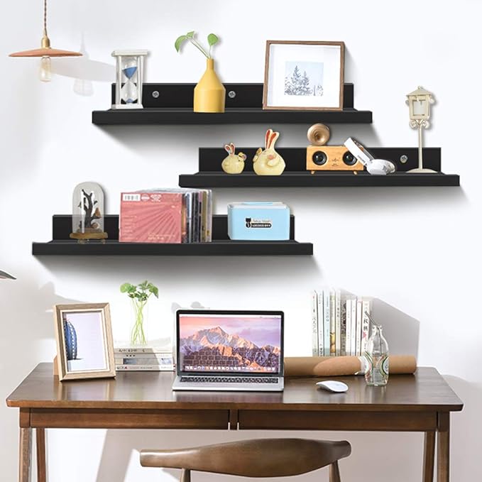 Lavezee 36 Inch Black Floating Wall Ledge Shelves Set of 3, Photo Picture Ledge Shelf with Lip for Office, Bedroom, Living Room, Kitchen
