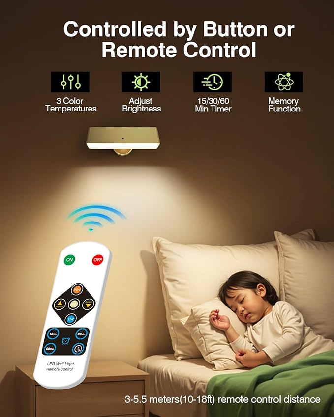 Battery Powered Wall Sconce Lights Set of Two: Gold Rechargeable Wall Lights with Remote, Wireless LED Wall Mounted Lights, 360° Rotation Magnetic Cordless Scone Lighting for Bedroom Living Room